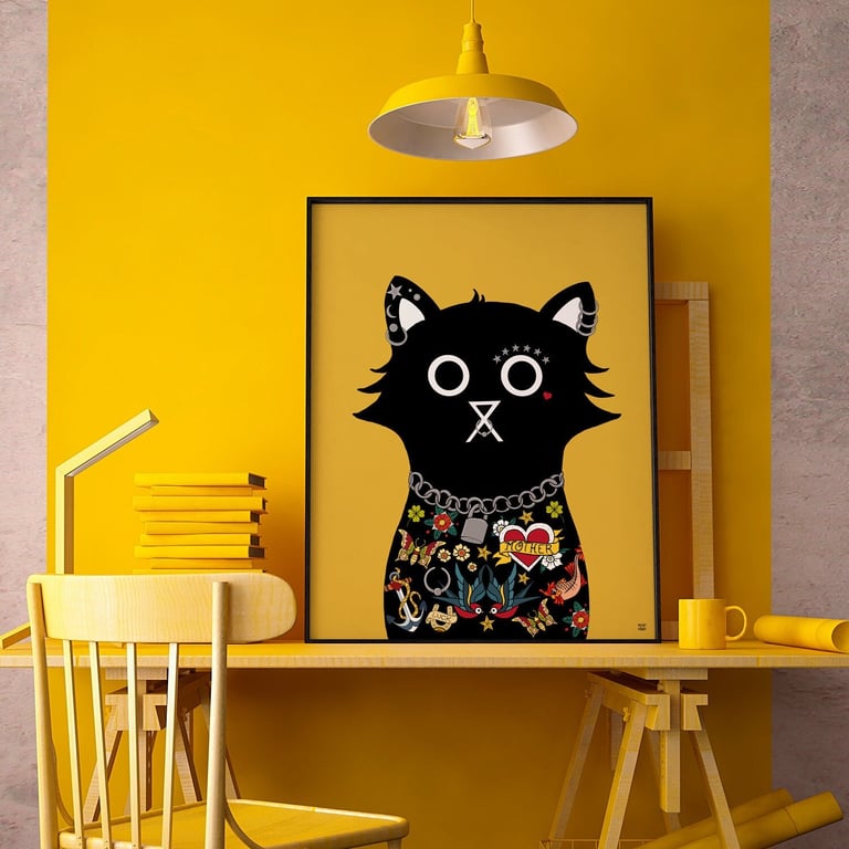 Sid Vicious Print, Cat Art Print, Tattoo Art Cat, Black Cat Art, Punk Cat Print,