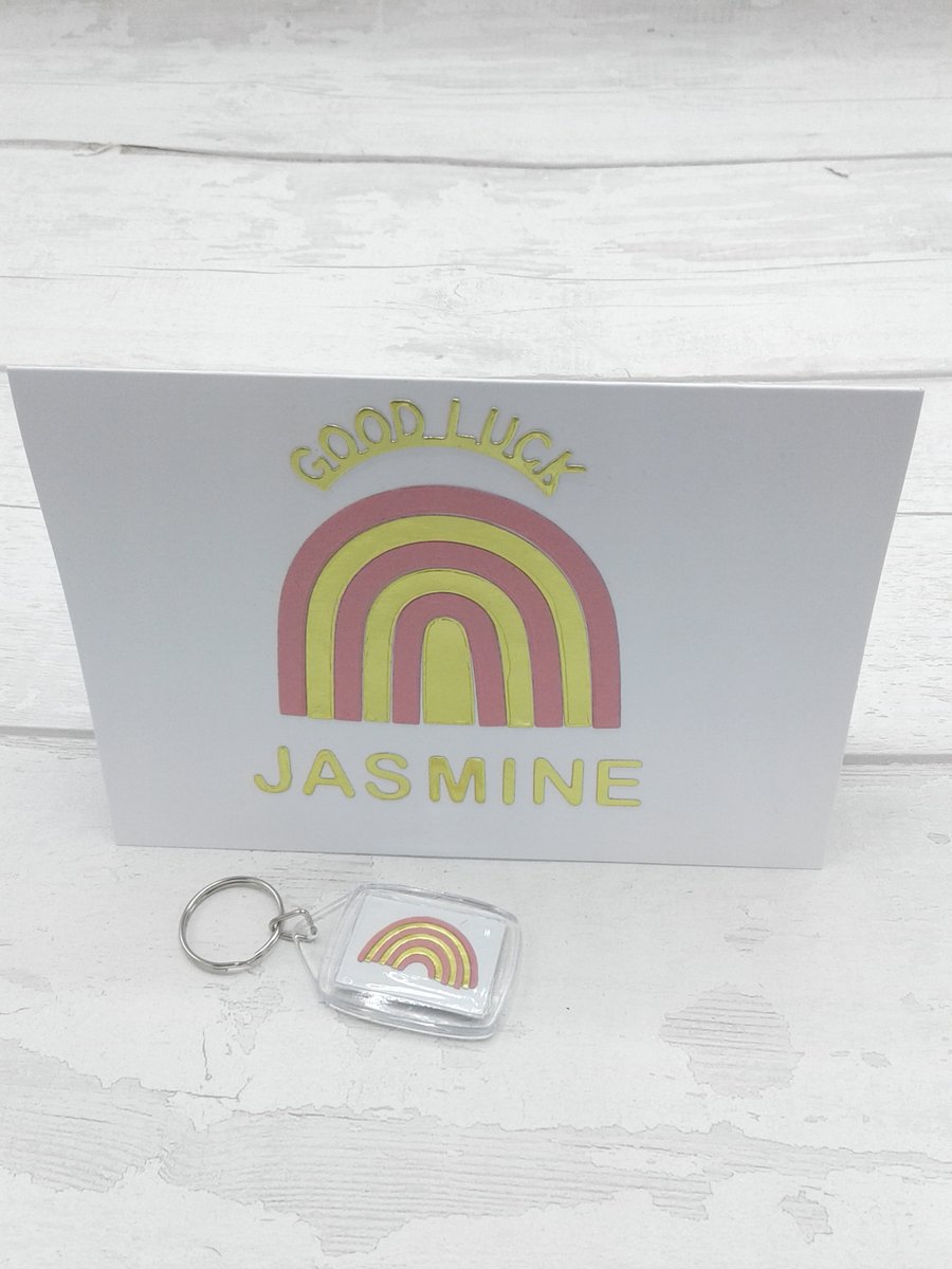 Good luck card & keyring. Personalised. Starting university or new job.