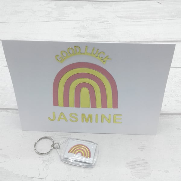 Good luck card & keyring. Personalised. Starting university or new job.