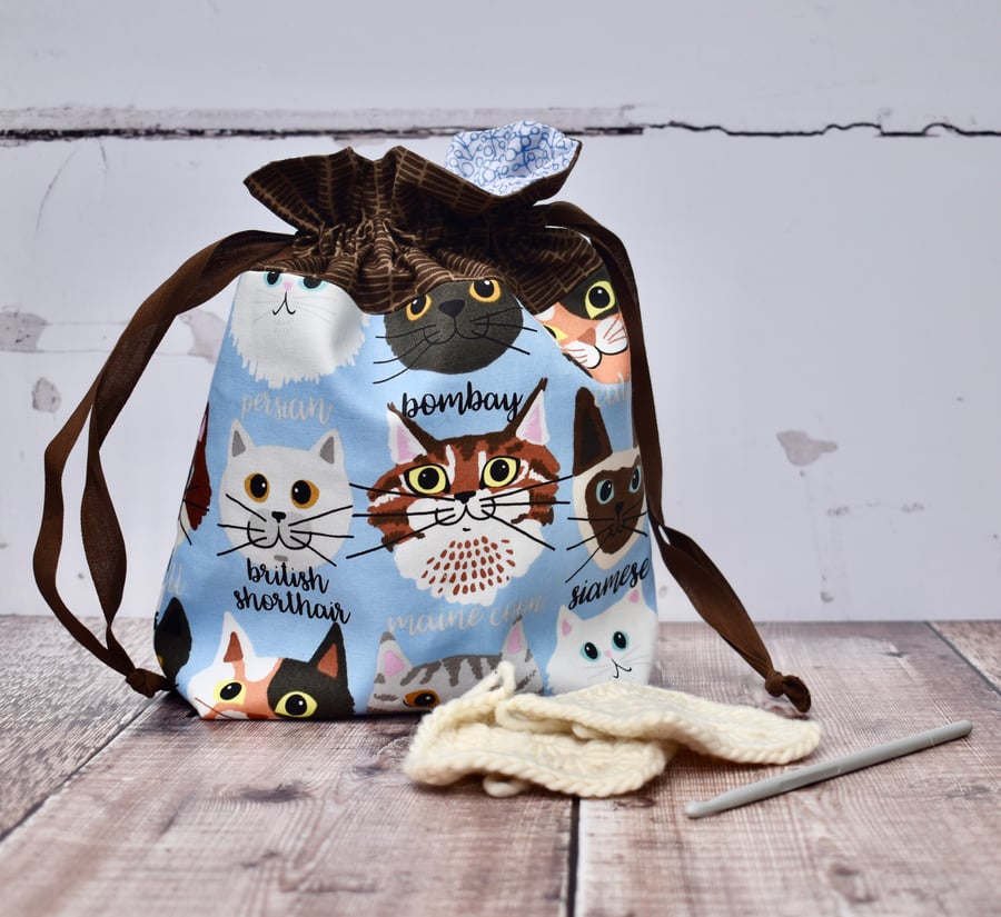 Cat fabric drawstring project bag - reserve for Orysia