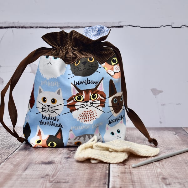 Cat fabric drawstring project bag - reserve for Orysia