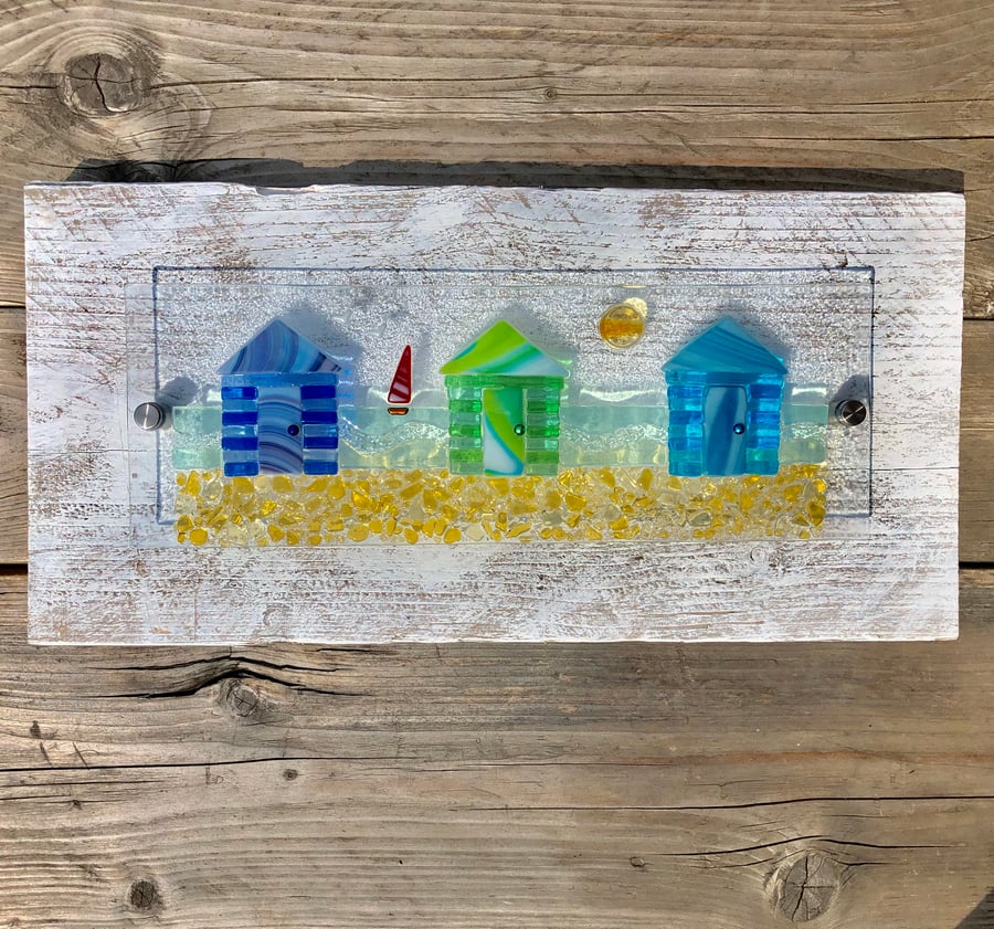 Fused Glass Beach Huts Picture - Mounted on Reclaimed Wood