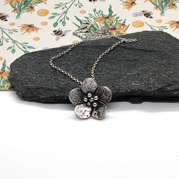 Silver Flower necklace oxidized sterling silver floral pendant