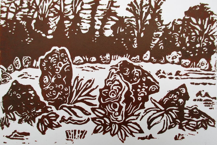 Rollright Stones, Cotswolds Original Hand Pressed Linocut Print Ltd Edition