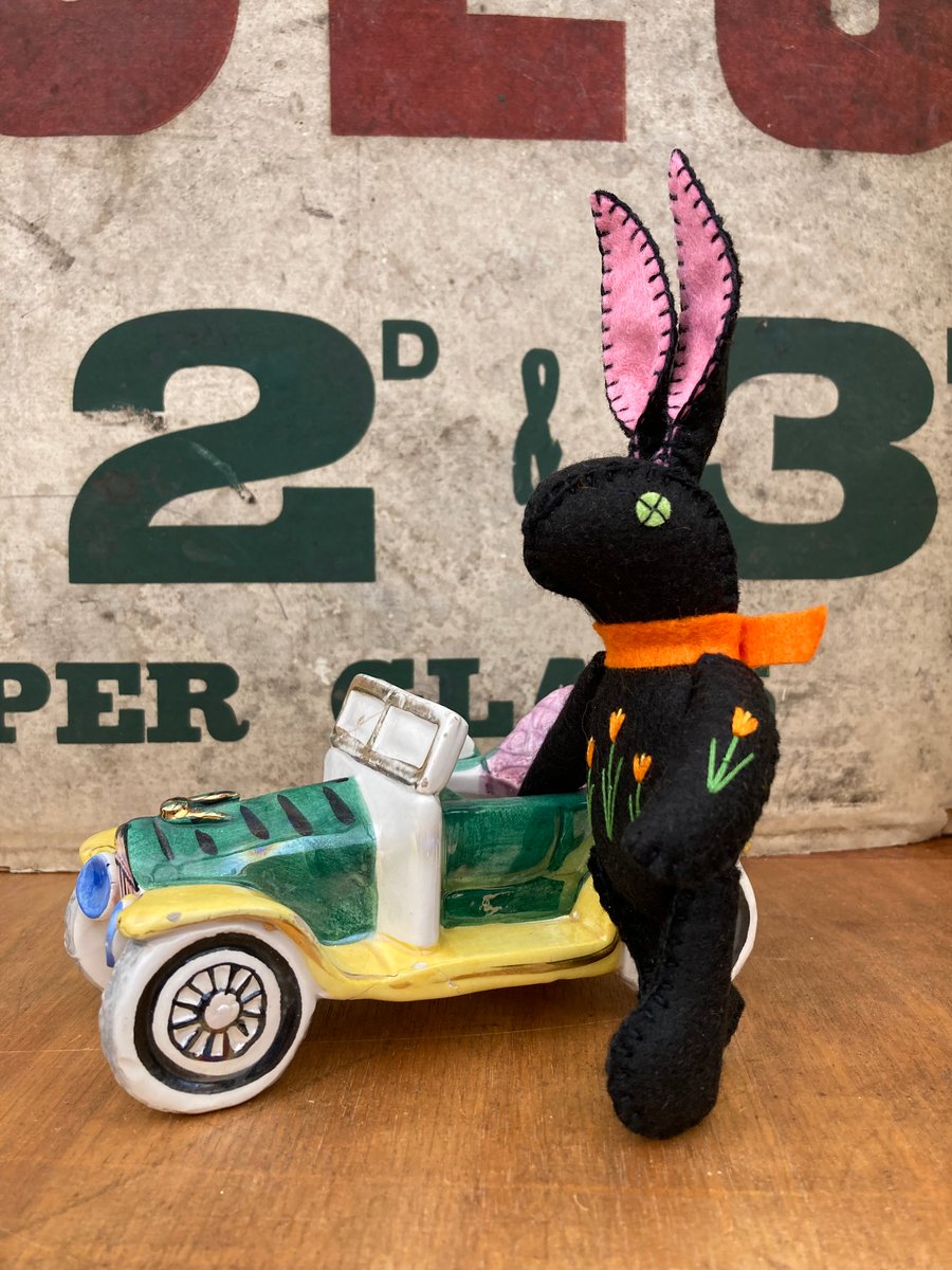 Black Bunny the Hand Embroidered Felt Rabbit 