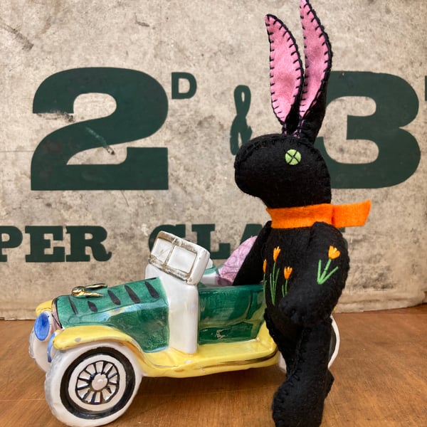 Black Bunny the Hand Embroidered Felt Rabbit 