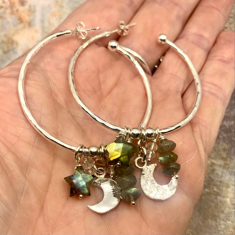 Celestial Silver Moon Hoops with Labradorite & Moonstone