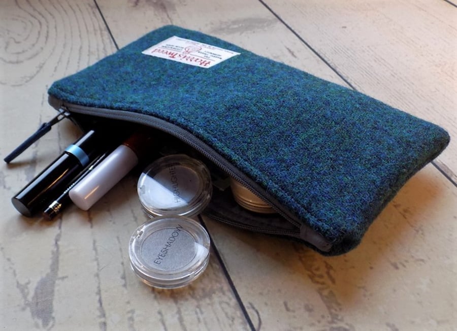 Harris Tweed clutch purse, padded pencil case, make-up bag in dark mallard teal