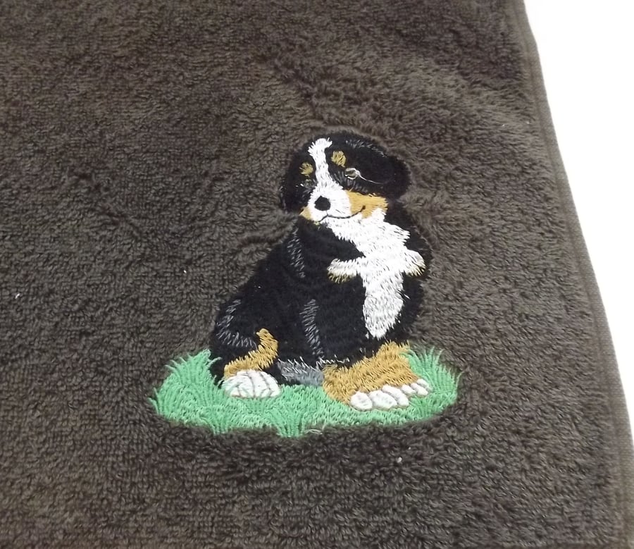 Bernese Mountain Dog Embroidered Bath Towel. Chocolate Brown, T8