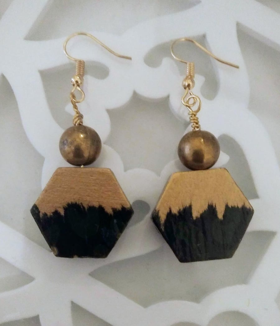Hexagon decoupaged wood earrings
