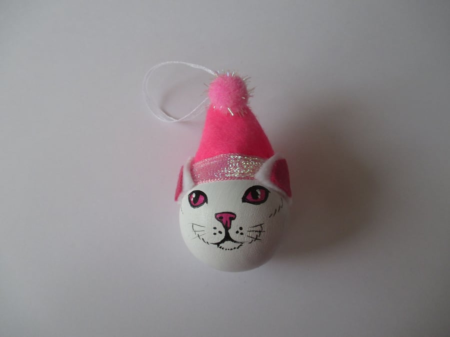 SALE Cat Christmas Tree Bauble Hanging Decoration Santa Hat Pink and White