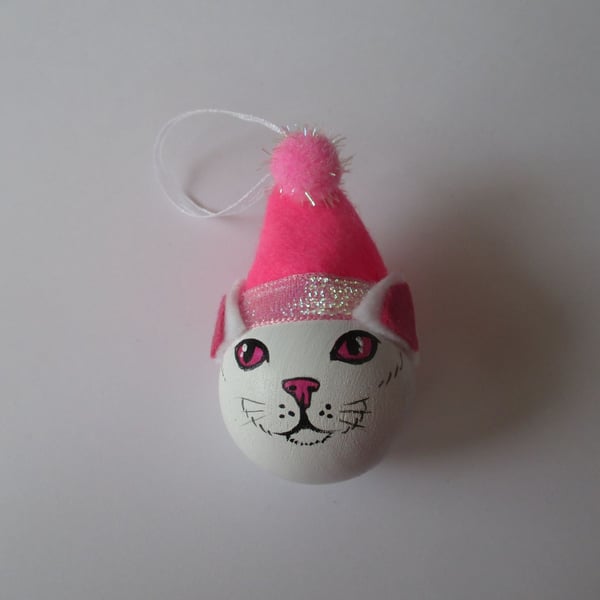 SALE Cat Christmas Tree Bauble Hanging Decoration Santa Hat Pink and White