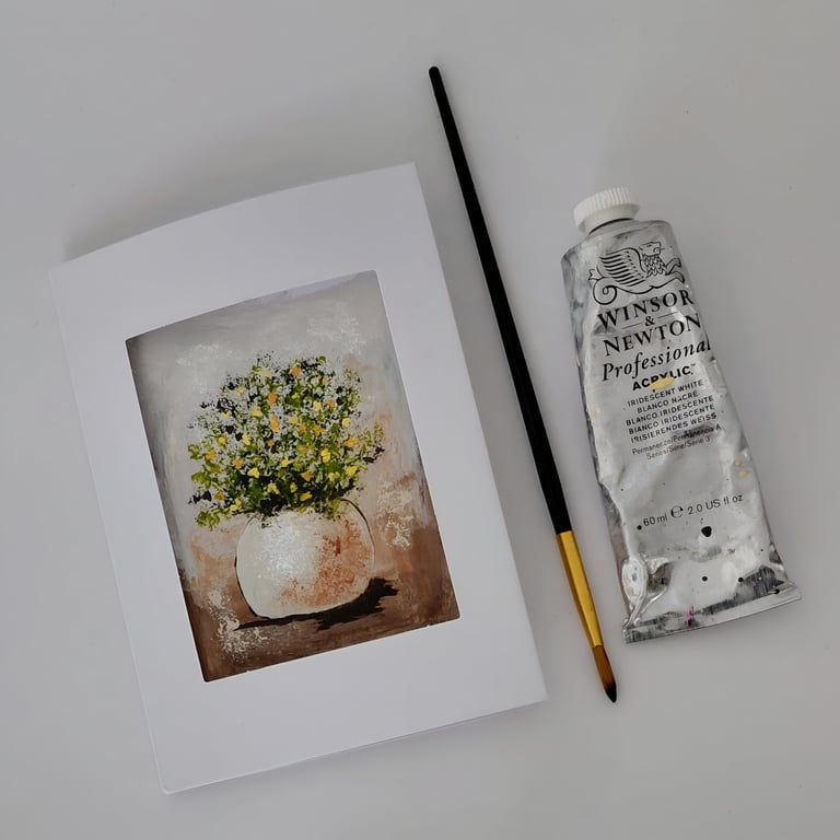 Original Art Hand Painted Card Of Vase with Yellow Flowers