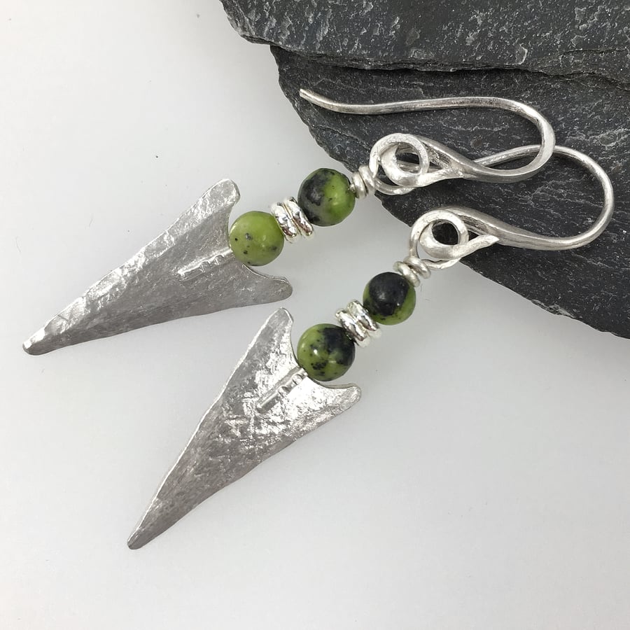 Green chrysoprase and silver arrowhead tribal earrings