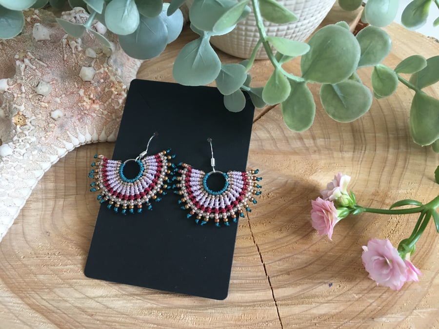 Fan shape boho macrame beaded earrings, gift for teen girl, pastel colours 