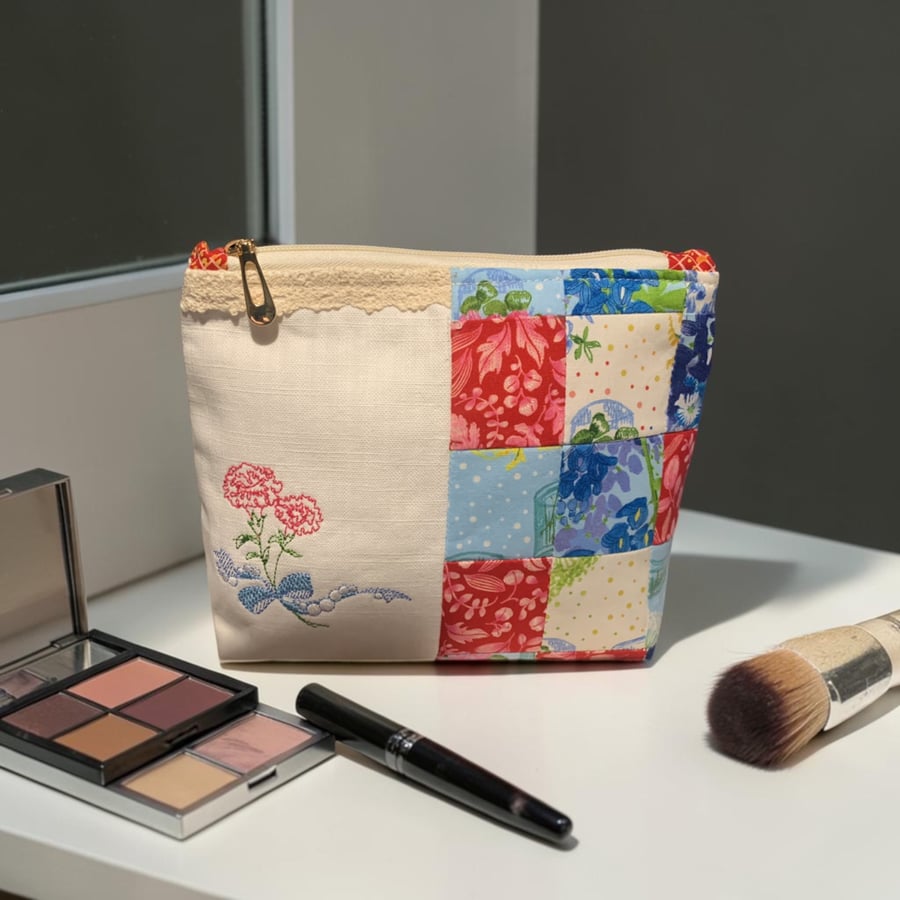 Large Cosmetic Bag.  Red & Blue Floral with Embroidery.