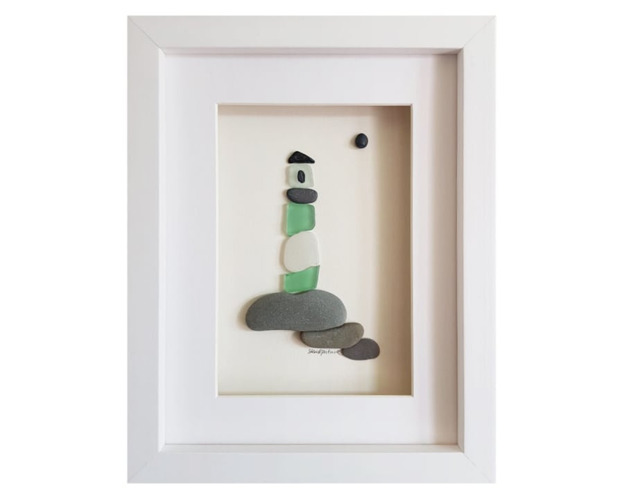 Green Lighthouse - Sea Glass And Pebble Picture - Framed Unique Handmade Art