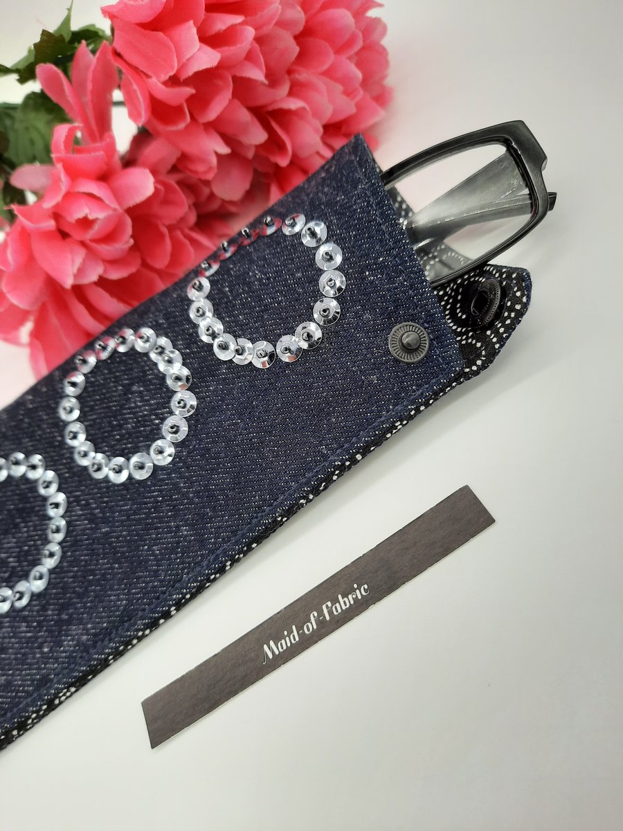 Dark blue denim glasses case, hand beaded with Folksy