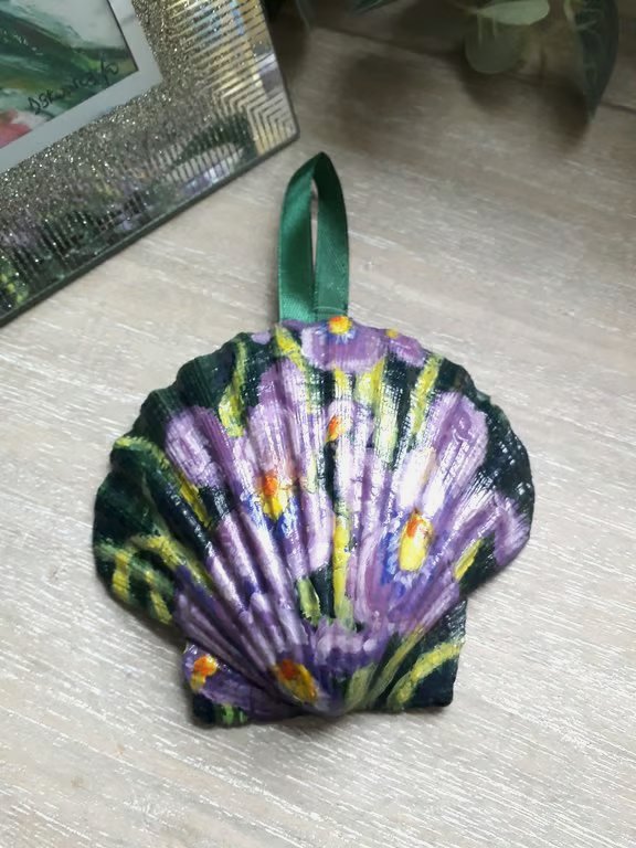 Purple iris, handpainted shell wall art.  