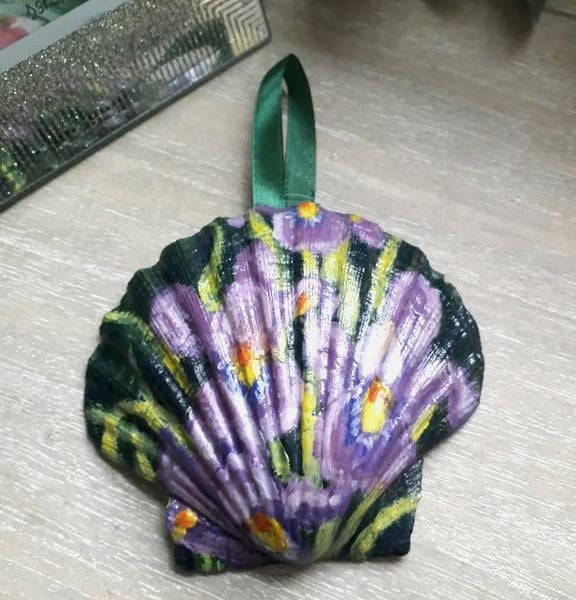 Purple iris, handpainted shell wall art.  