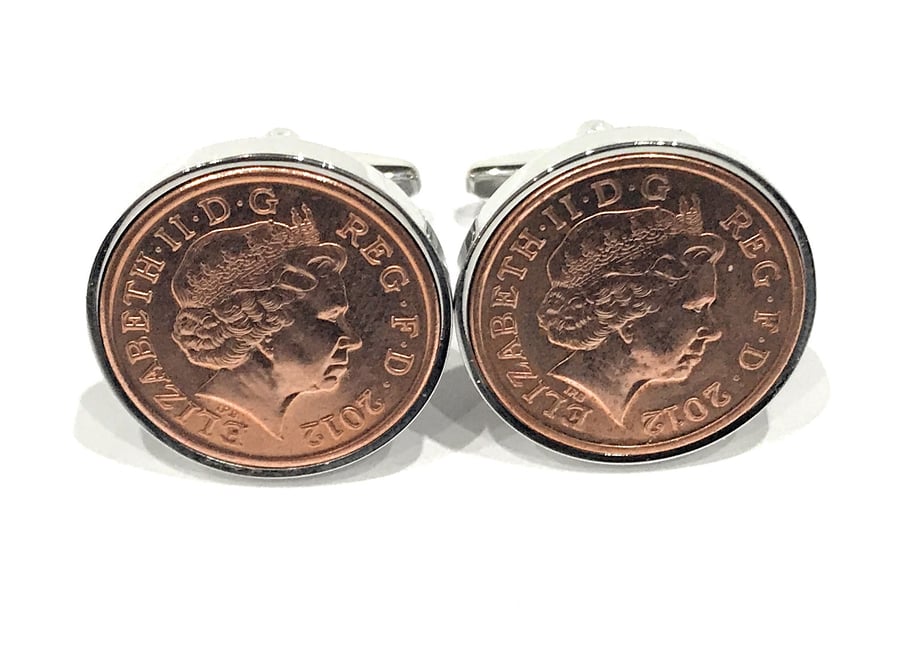 8th Bronze wedding anniversary cufflinks - Copper 1p coins from 2013 - Gift