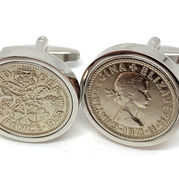 1955 Sixpence Cufflinks 70th birthday. Original sixpence coins Great gift HT