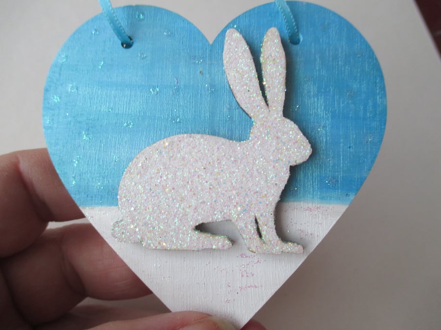 Christmas Decoration Bunny Rabbit Hanging Heart Snow Bunny White Blue