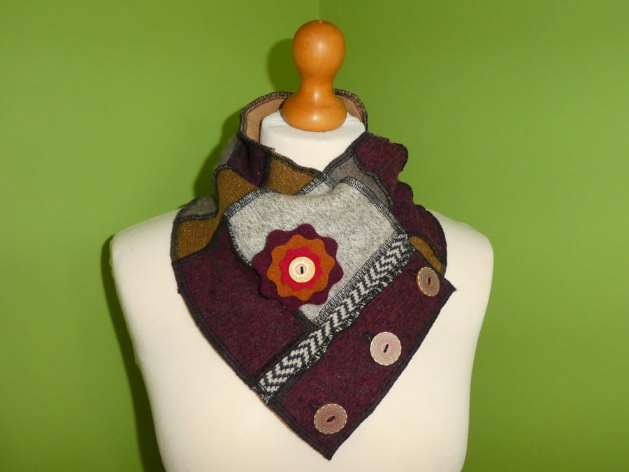 Neck Warmer Scarf with 3 button Trim. Upcycled Cowl. Felt Flower. Burgundy Brown