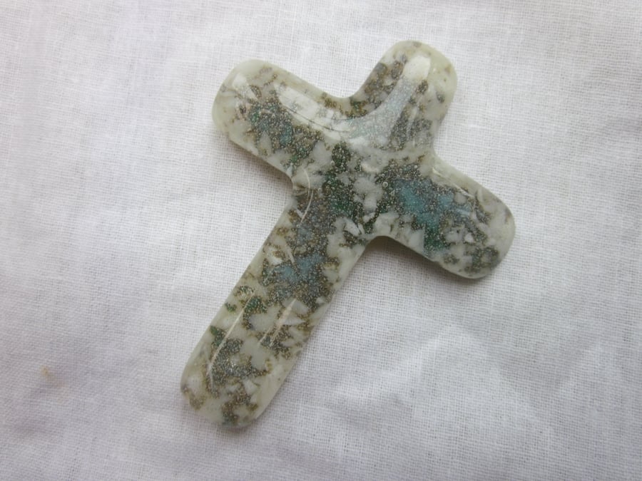 Handmade cast glass holding cross - Marbled relic