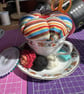 Vintage 'Flowers & Stripes' Teacup Pin Cushion & Sewing Set (No.1) - Image 4