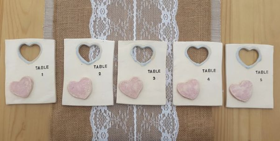 Set of 5 Ceramic Heart Table Number Tiles with easels