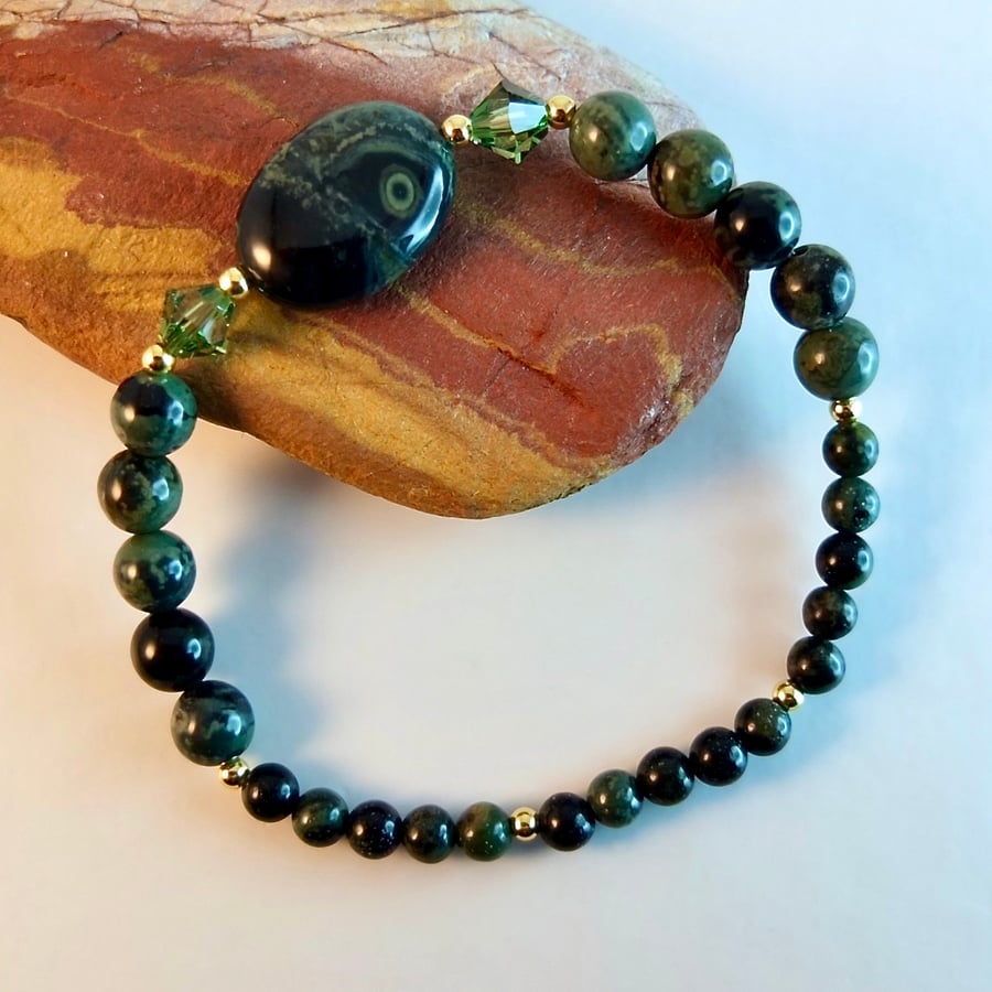 Kambaba Jasper Bracelet With Swarovski Crystals - Handmade In Devon -Free UK P&P