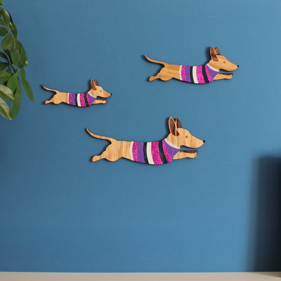 Jumping Sausage Dogs Wooden Wall Hangings 