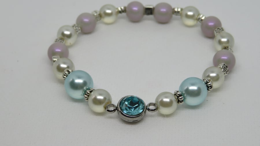 Aqua and Pearl crystal connector bracelet