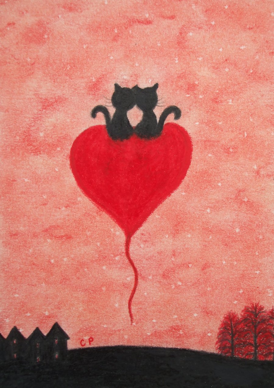 Two Black Cats Card, Heart Wedding Anniversary Card, Engagement, Love Cat Card