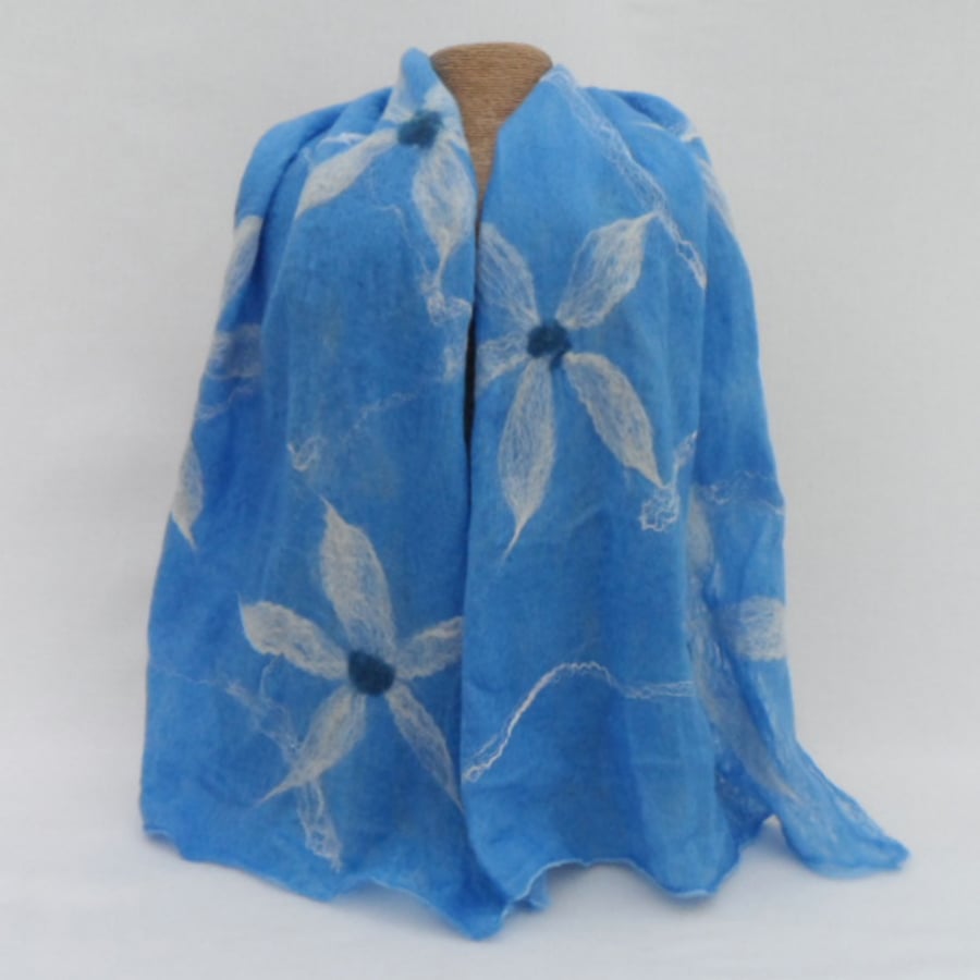 Nuno felted scarf, wool on silk, blue with white flower detail