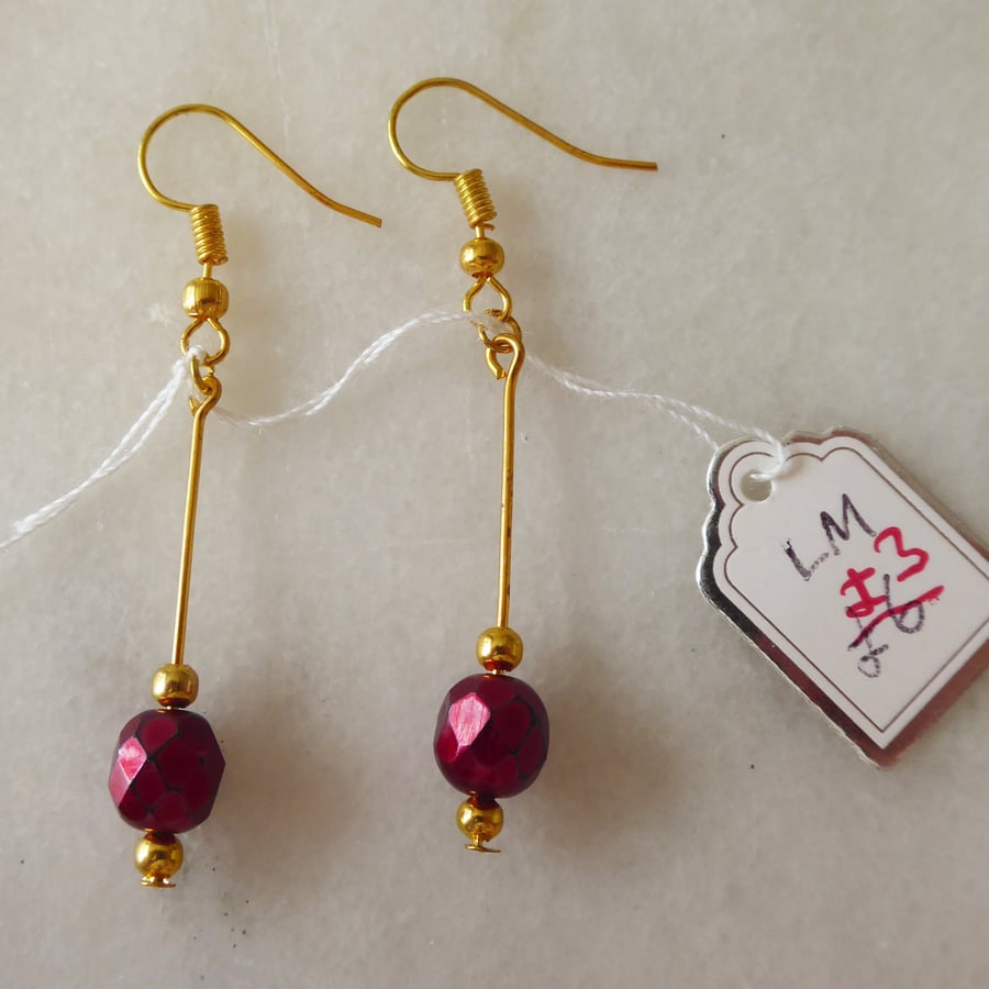 Gold Plated Earrings with Dark Red Faceted beads - Summer Seconds