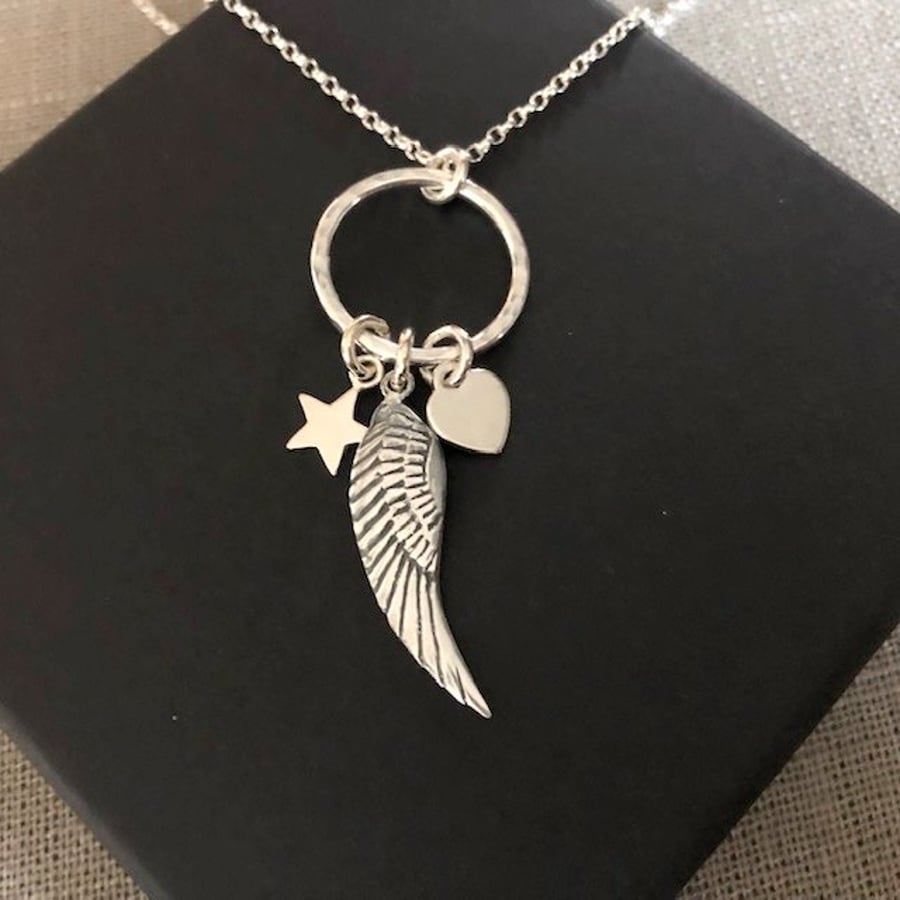 Sterling Silver Circle Necklace with Angel Wing Pendant, Heart and Star Charm