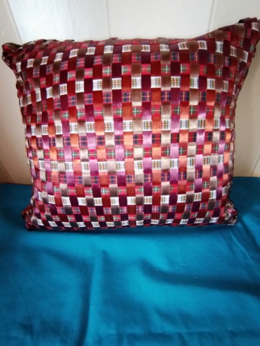 Hand Woven Tartan & Plain Satin Ribbon Cushion Cover 13" x 11"