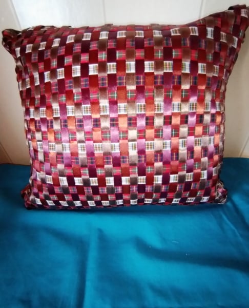 Hand Woven Tartan & Plain Satin Ribbon Cushion Cover 13" x 11"