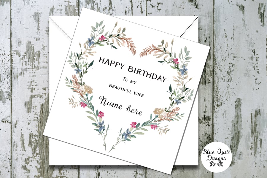 Personalised Birthday Card - Watercolour Print - Heart Wreath - wife, girlfriend