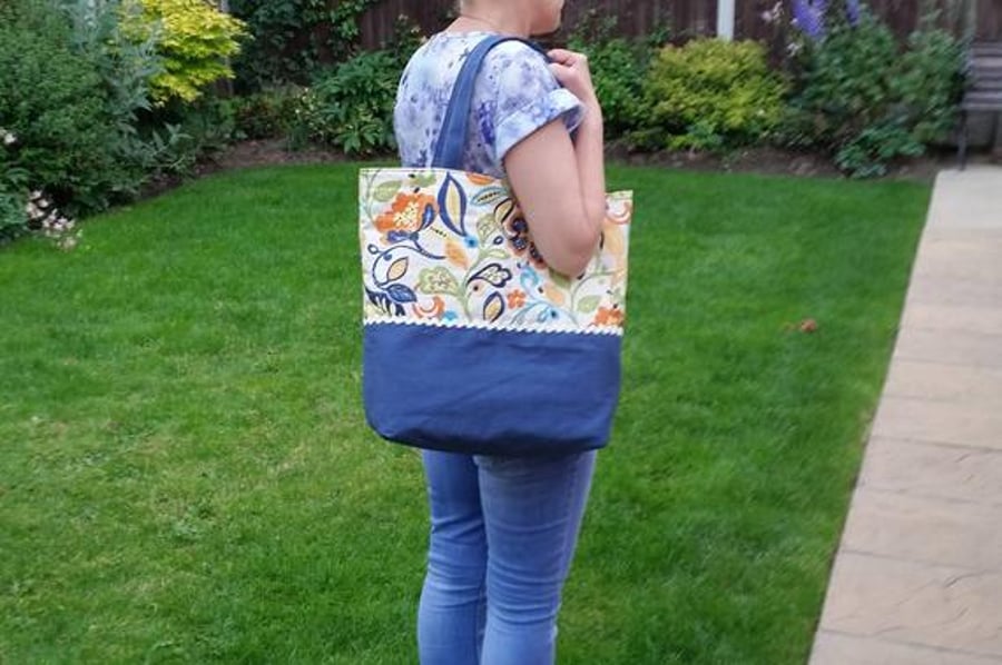 bright floral cotton and denim shoulder bag, denim blue, multicoloured