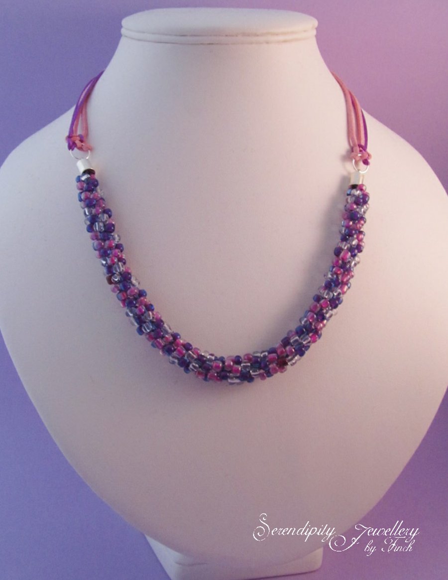 Pink Purple Beaded Kumihimo Necklace, Pink Necklace, Purple Necklace