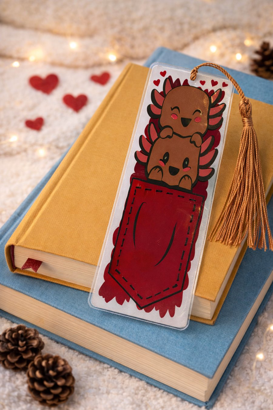 Cute Axolotl Pocket Bookmark – Acrylic & Vinyl, Sealed with Tassel