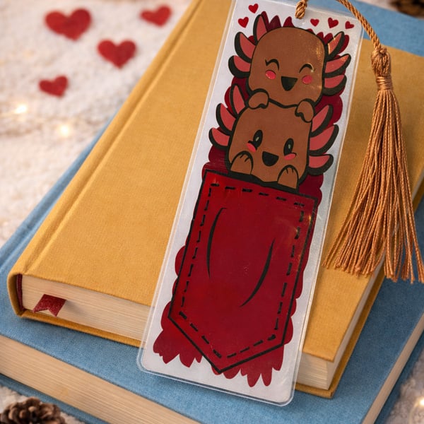 Cute Axolotl Pocket Bookmark – Acrylic & Vinyl, Sealed with Tassel