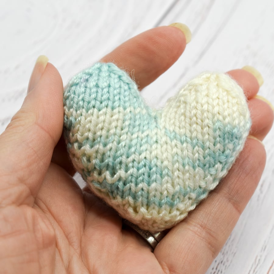 SOLD - Hand knitted heart - pocket hug - Blue and Cream