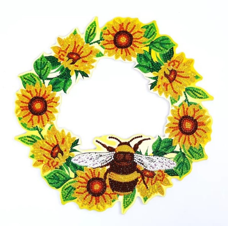 5D DIY Sunflower and Bee Wreath Diamond Painting Kit Crystal Embroidery Rhinesto