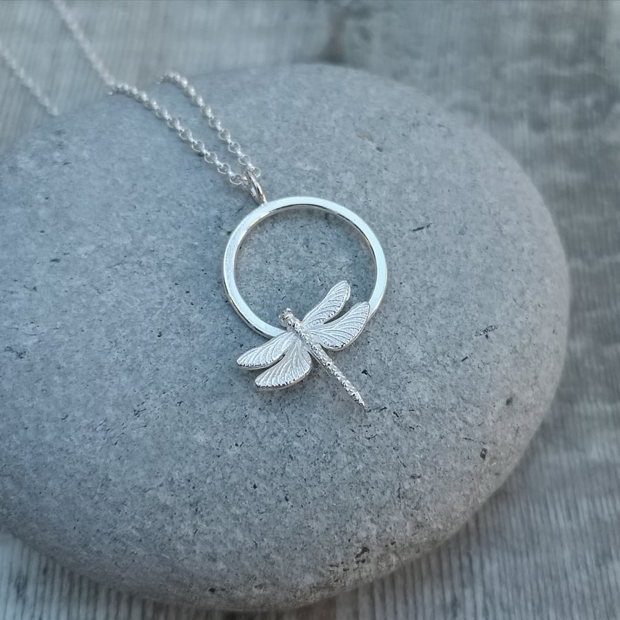 Sterling Silver Dragonfly Circle Necklace Pendant