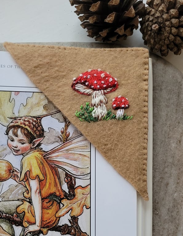 Hand embroidered personalised Corner Bookmark hand embroidered red mushroom hand