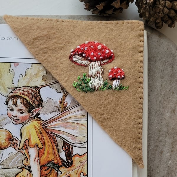 Hand embroidered personalised Corner Bookmark hand embroidered red mushroom hand